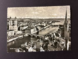 Alte Postkarte Zürich mit Blick auf die Alpen