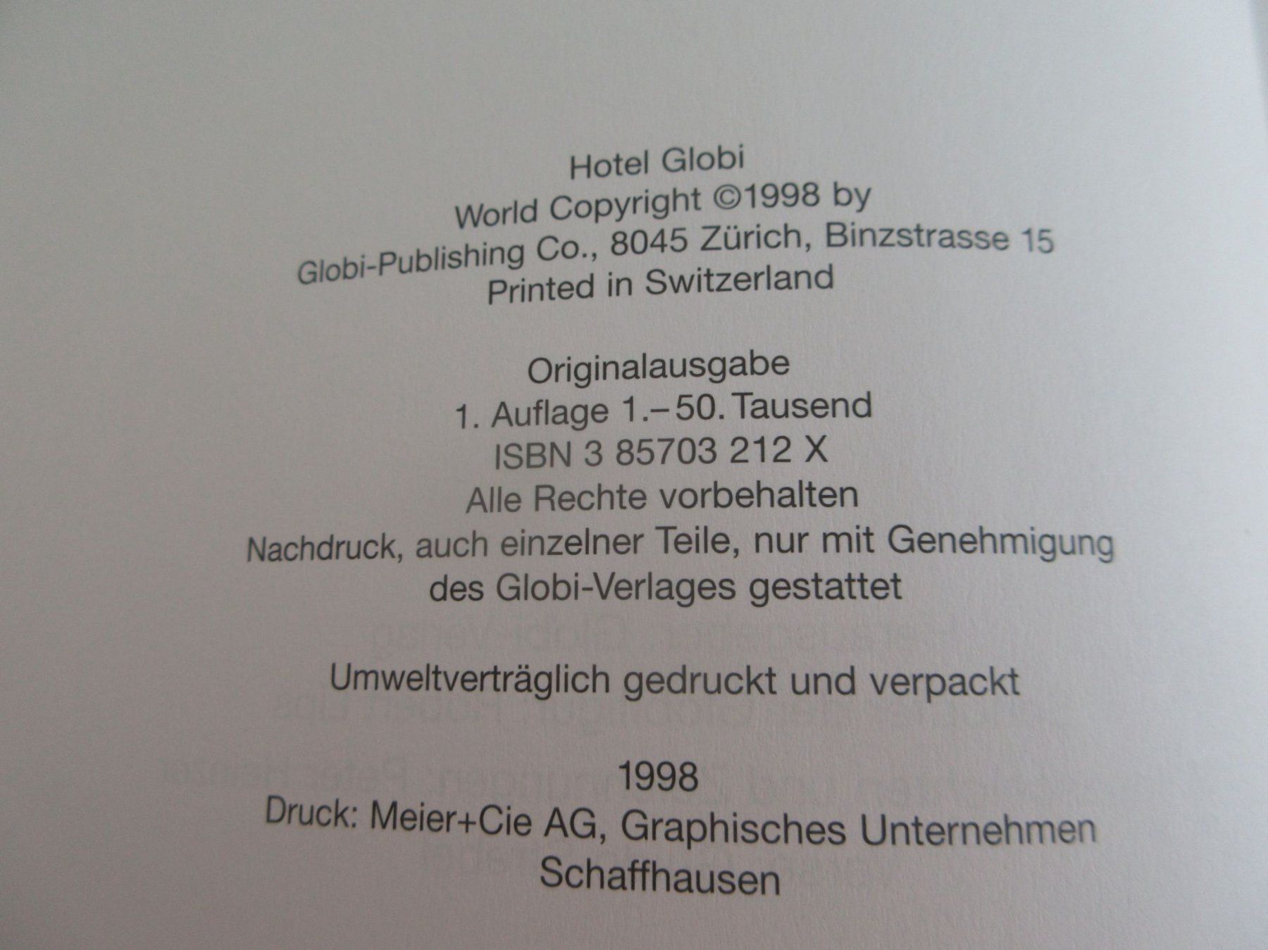 Libri: Hotel Glob, 1. Auflage 1998 – Usato da Binningen venduto da Oldfashion 1
