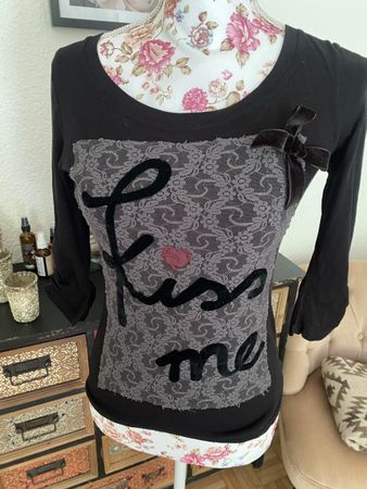 Shirt mit Applikation 3/4 Ärmel schwarz Gr S