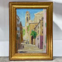 N. PRINUS huile sur panneau, scène de ville méditerranéen