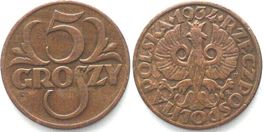 POLEN 5 Groszy 1934 Bronze, RAR!!! ss-vz