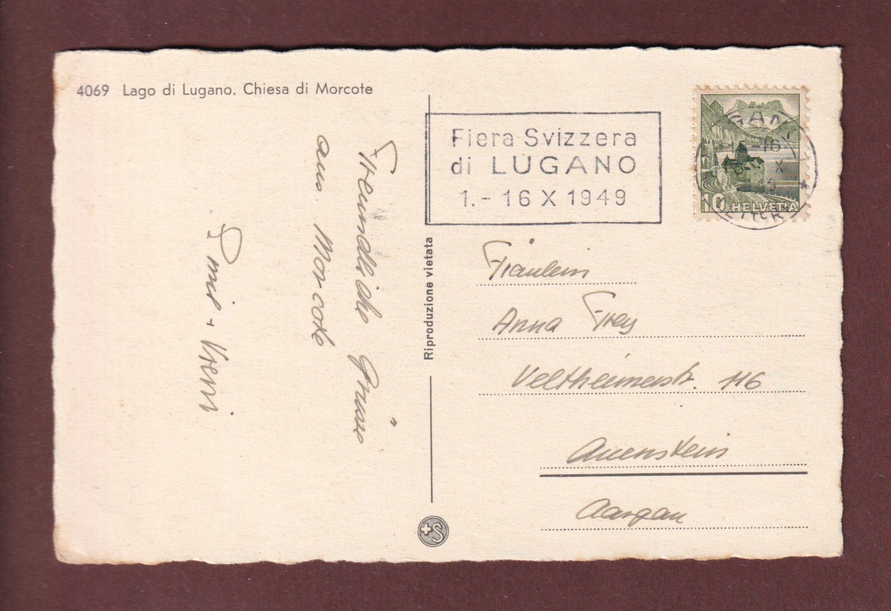 Cartoline postali: Chiesa di MORCOTE - 1949 – Usato da Pully venduto da nicecards-shop 1