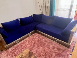 Canapé d'angle velours bleu style oriental décoratif