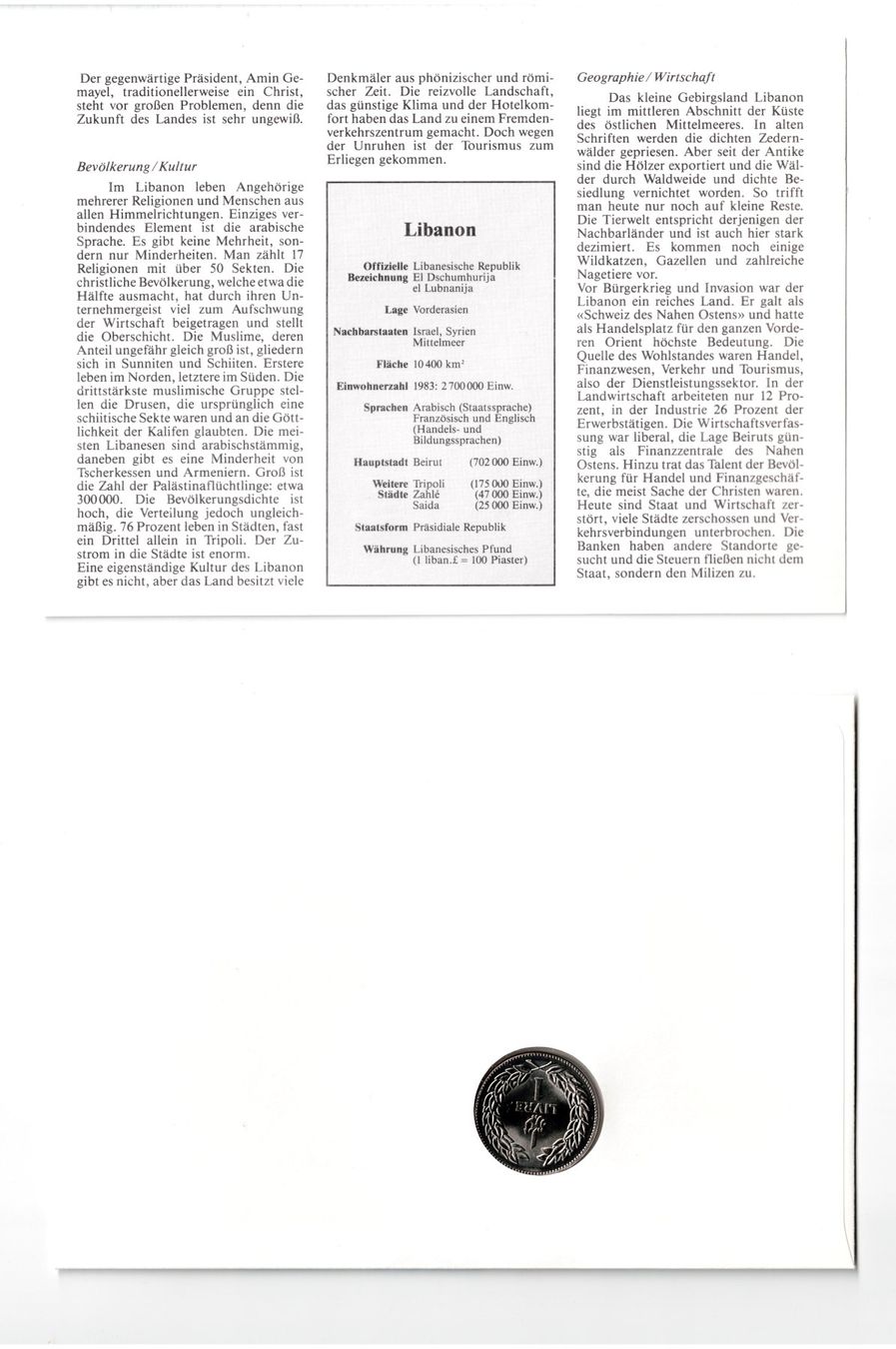 Tutti le monete: Libanon_1987_Münzbrief mit Beschreibung – Usato da Hombrechtikon venduto da Fraese01 3