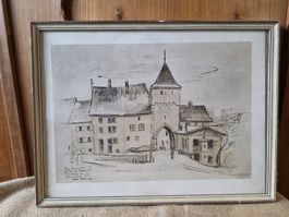 schöne Zeichnung Bild Waldenburg BL 1940 Militär