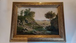 Ölgemälde Landschaft mit Figuren - Goldrahmen, sign. V.T. 84