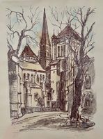 Lithographie cathédrale Genève avec cadre doré, vintage