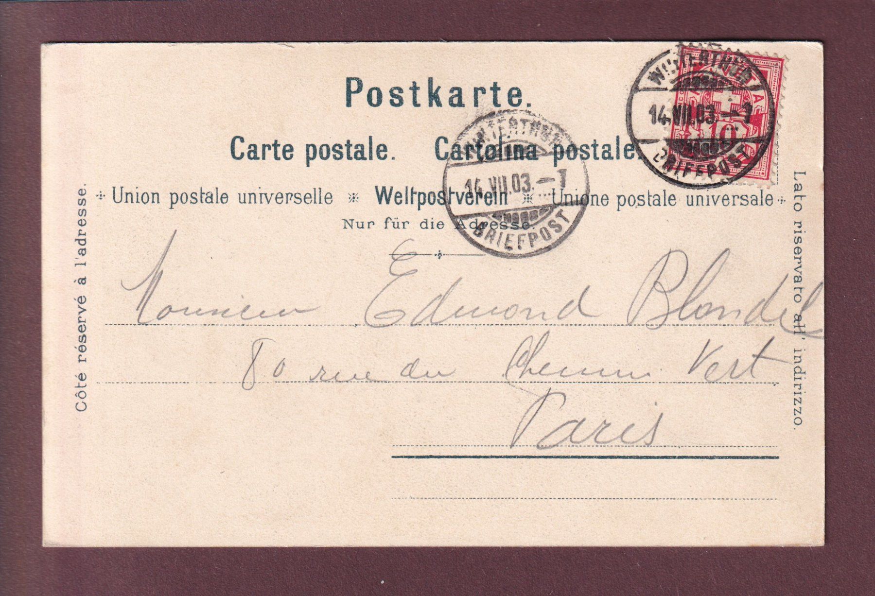 Cartoline postali: WINTERTHUR - Stadthaus - 1903 – Usato da Pully venduto da nicecards 1