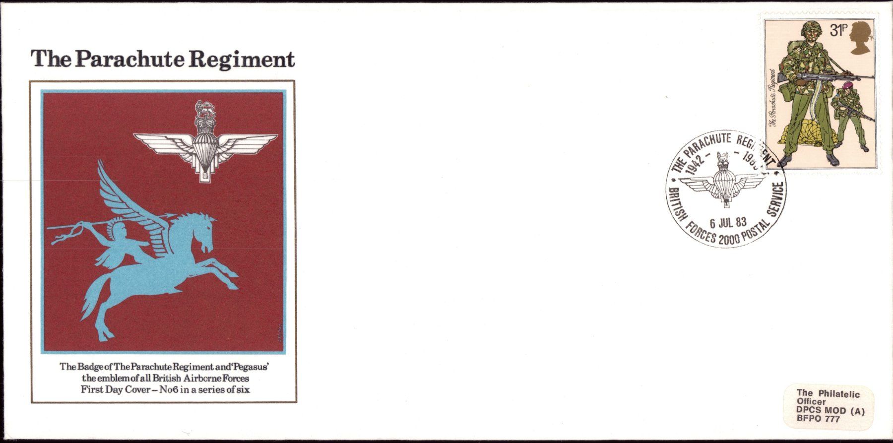 Alle Briefmarken: 1983 FDC The Parachute Regiment and Pegasus – Gebraucht aus Eggersriet von stamp303