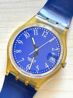Swatch Uhr blau gold transparent Datum 