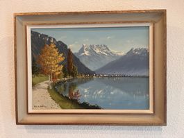 Magnifique peinture Huile Lac Léman signé E. D. De Madelin