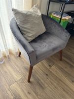 Velvet armchair grey with wooden legs good condition