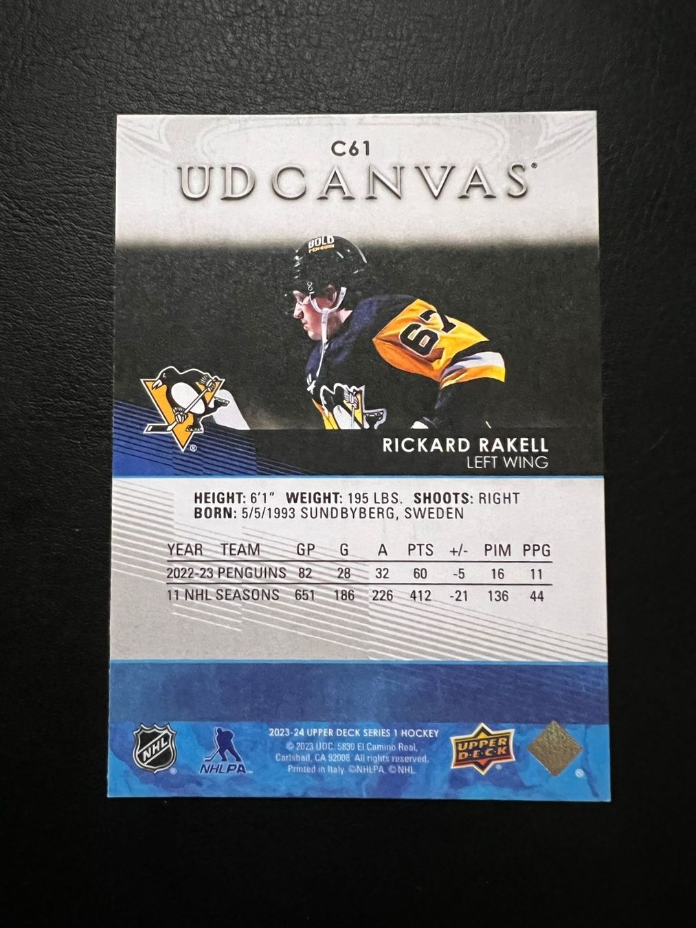 NHL Carte collezionabili: Rickard Rakelll 2023 UD Canvas Pittsburgh Penguins – Nuovo (secondo la descrizione) da Möhlin venduto da SwissHockeyCards 1