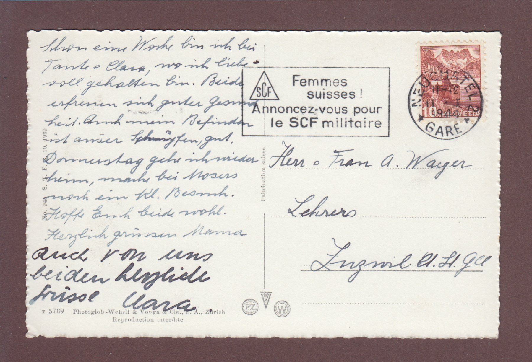 Cartoline postali: NEUCHÂTEL - Quai Osterwald - 1944 – Usato da Pully venduto da nicecards 1