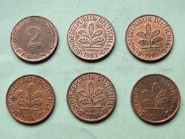 Deutschland - 6x 2 Pfennig 1981-1983-1985-1986-1988-1989