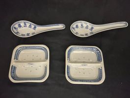 Chinesische Löffel (2x) und kleine Teller mit 2 Fächer (2x)