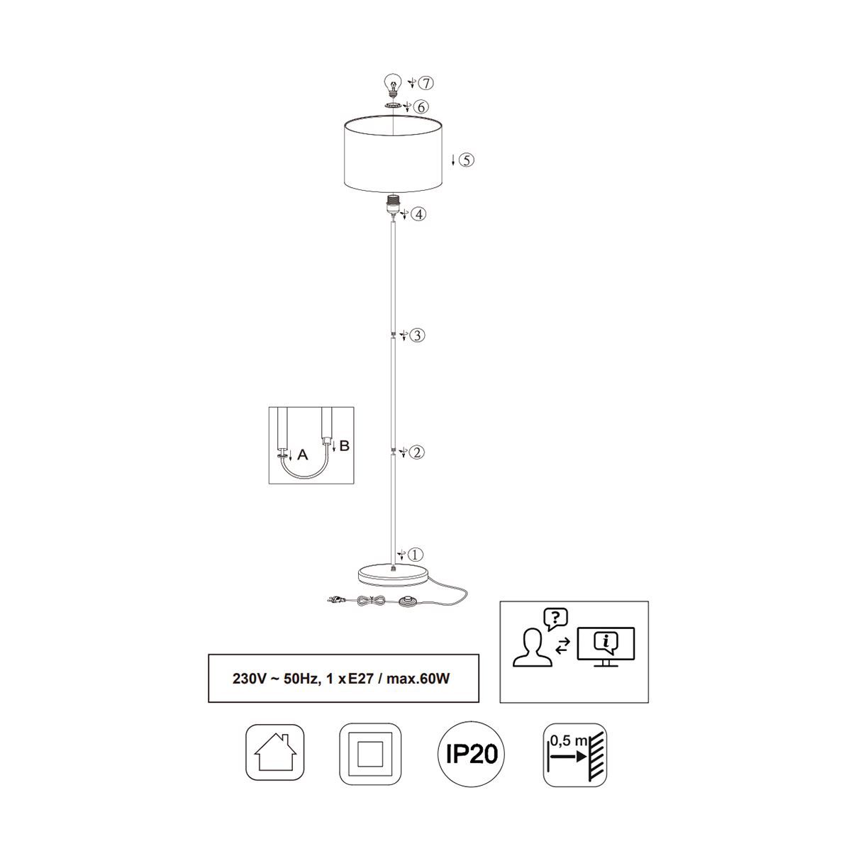 Lampade: Stehleuchte, Stoffschirm, 160 cm Höhe – Nuovo (secondo la descrizione) da Kreuzlingen venduto da Smart-Light 2