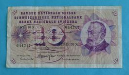 Banknote 10 Franken 1970 Serie 70 X, gebraucht erhalten
