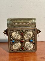 Antique Morrocan Decorative Box Ornate Metal With Inlays