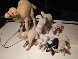 Antike Plüschtiere: Kamel, Esel, Lamm und Kuh, Set!
