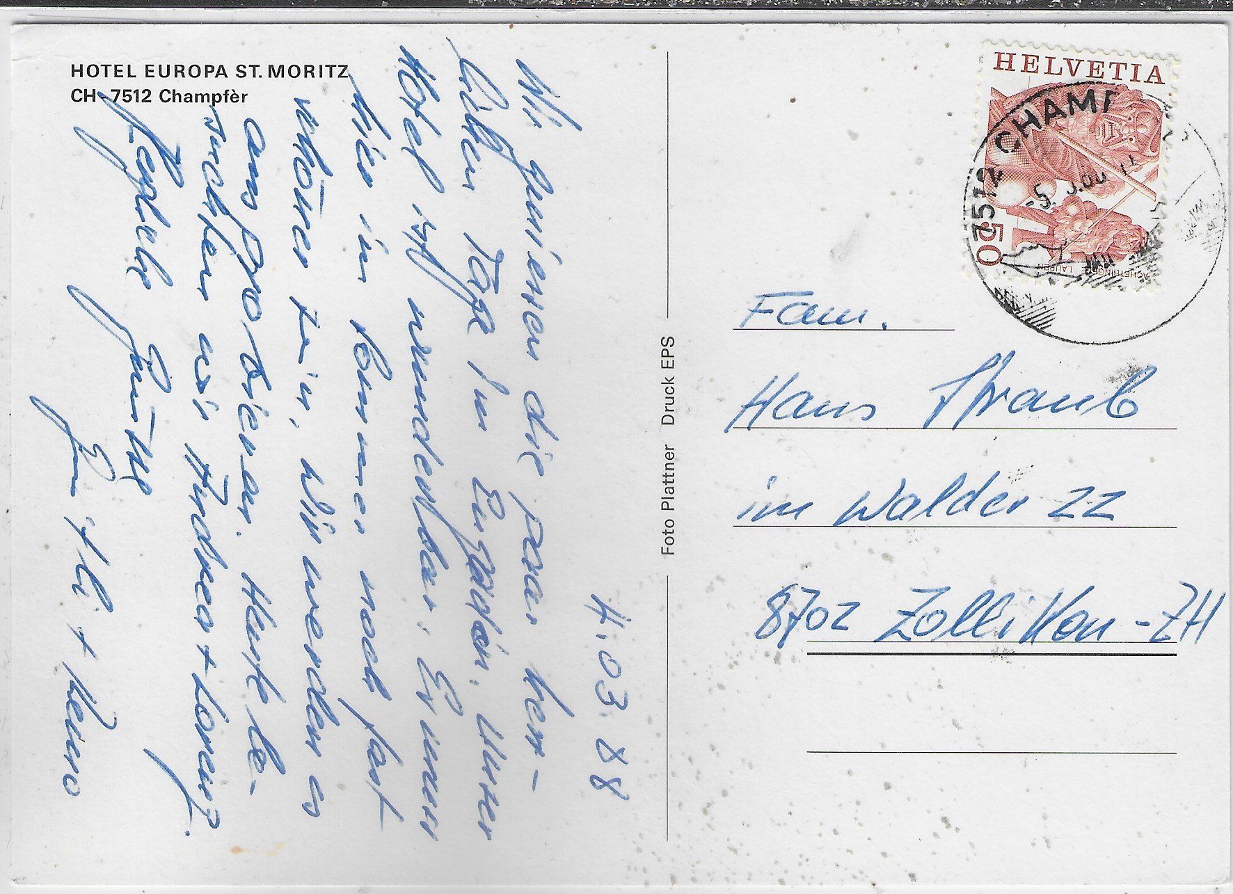 Cartes postales: Hotel Europa St. Moritz im Winter - Champfer – D'occasion à Ettingen par Kartenplanet 1