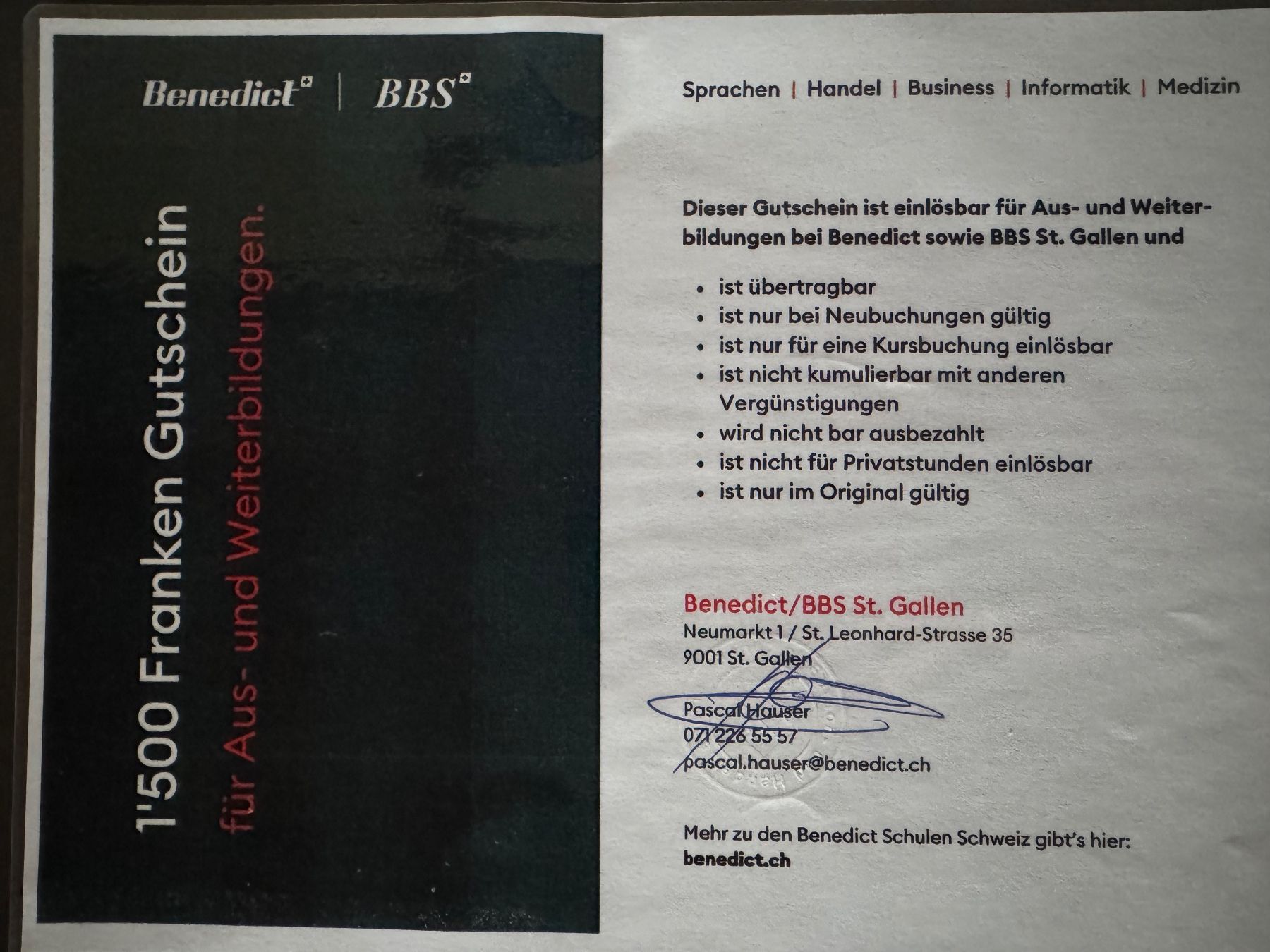 Buoni: Benedict Schule/BBS St.Gallen Gutschein – Nuovo (secondo la descrizione) da Haslen AI venduto da flo_pb7n