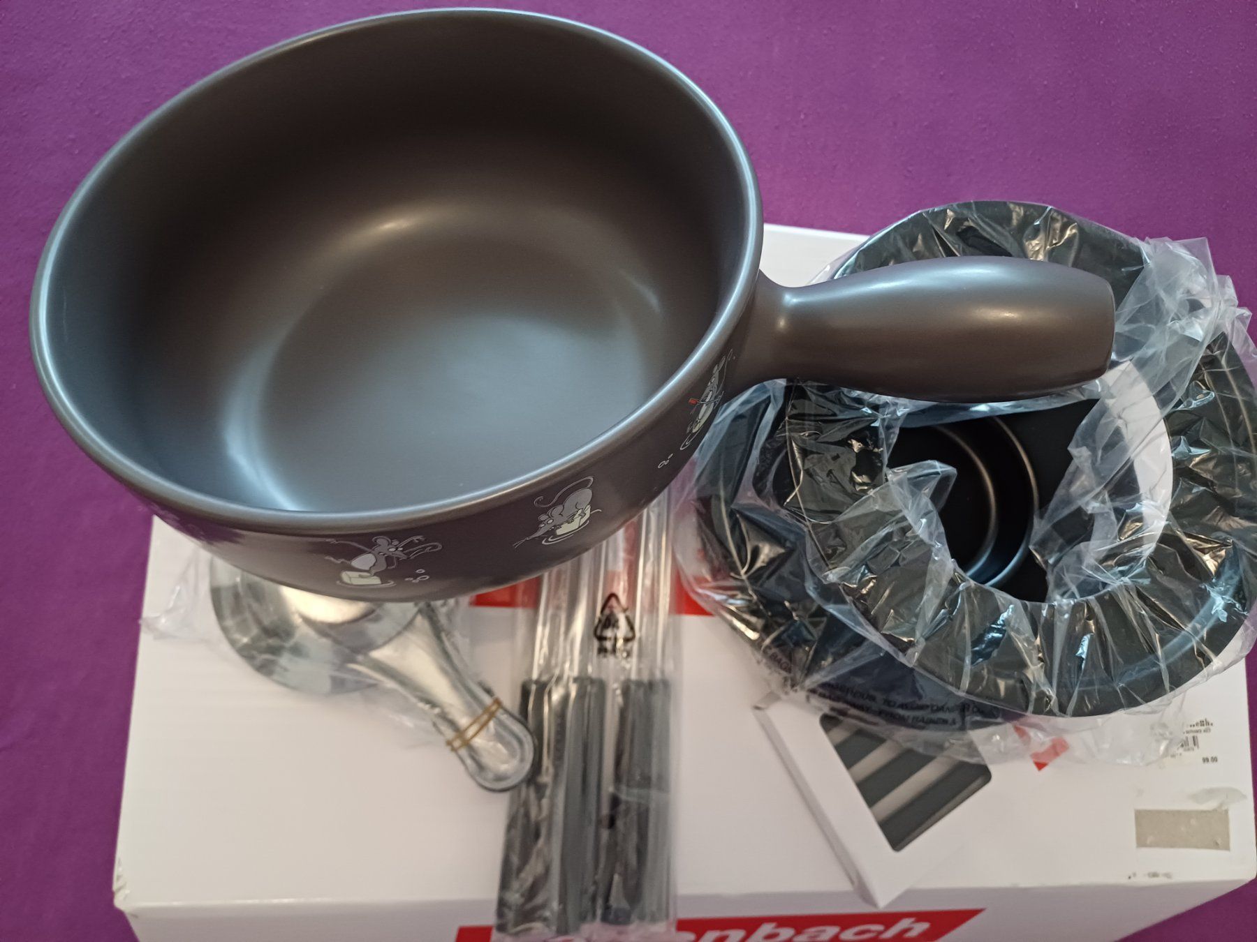 Pfannen: Fondue Set, NEU, 5-teilig, Mäuseaufdruck – Neu und originalverpackt aus Eschenbach LU von chriesi67 1