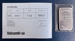 Valcambi Suisse 1 Unze Silber 999,0 mit Zertifikat