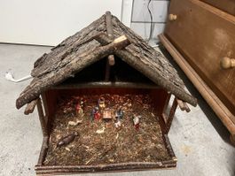Handgefertigte Weihnachtskrippe Holz/Moos,Top Zustand!