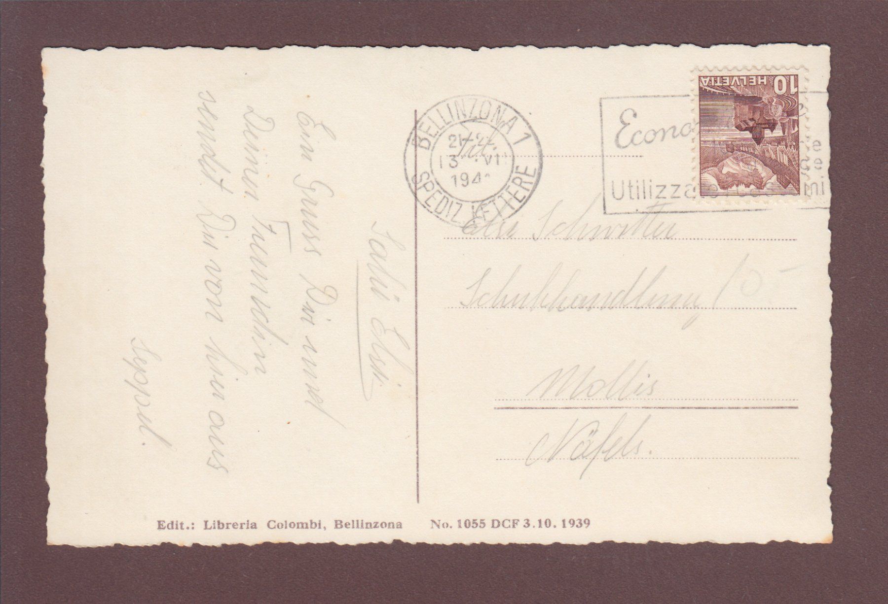 Cartoline postali: BELLINZONA Sud - 1941 – Usato da Pully venduto da nicecards 1