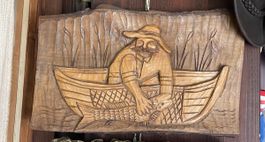 Handgeschnitztes Holzrelief - Fischerboot Motiv, Wanddeko