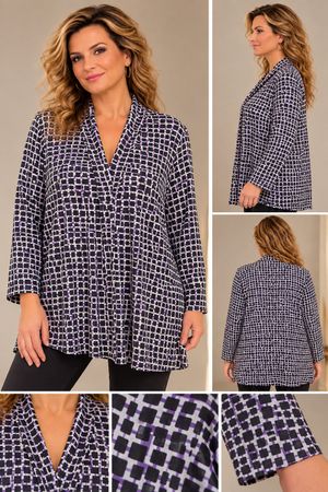 Offene Longbluse XL Schwarz Weiss Lila  Schalkragen 5000