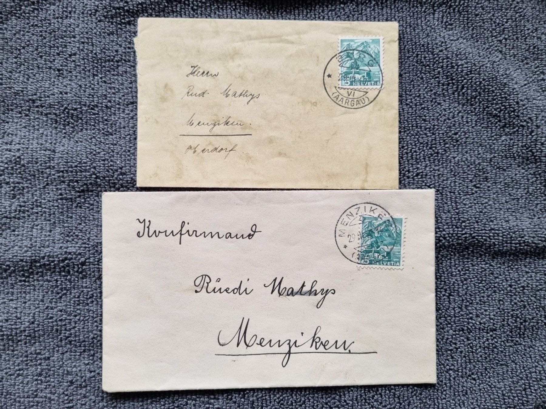 Alle Briefmarken: 2 antike Couverts Briefumschläge 1947  mit Marken – Gebraucht aus Reinach AG von Cme