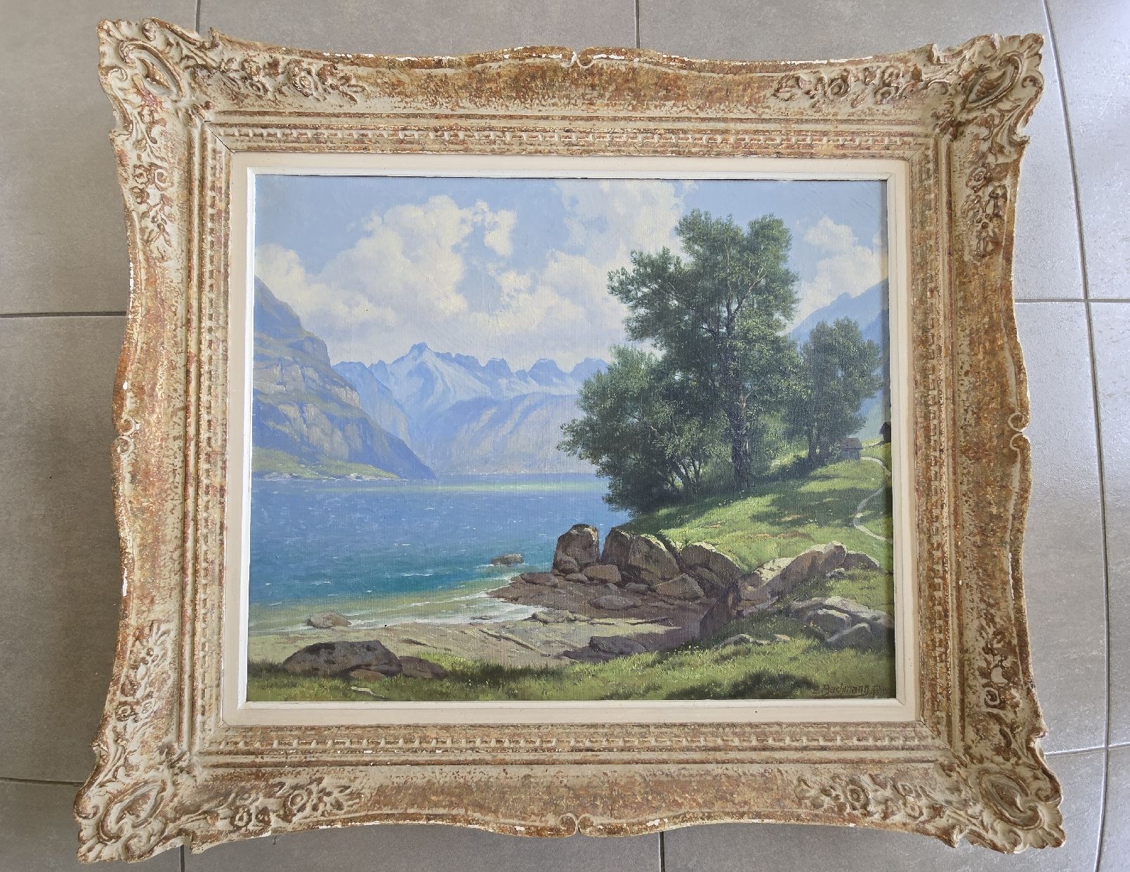Dipinti: Gemälde "Landschaft mit See" von E. Bachmann, gerahmt – Usato da Neunkirch venduto da BoBo007