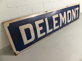 Emailiertes Original Bahnhofs-Schild Delemont 250cm x 60cm