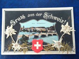 Gruss aus der Schweiz mit echten Edelweiss Basel RheinBrücke