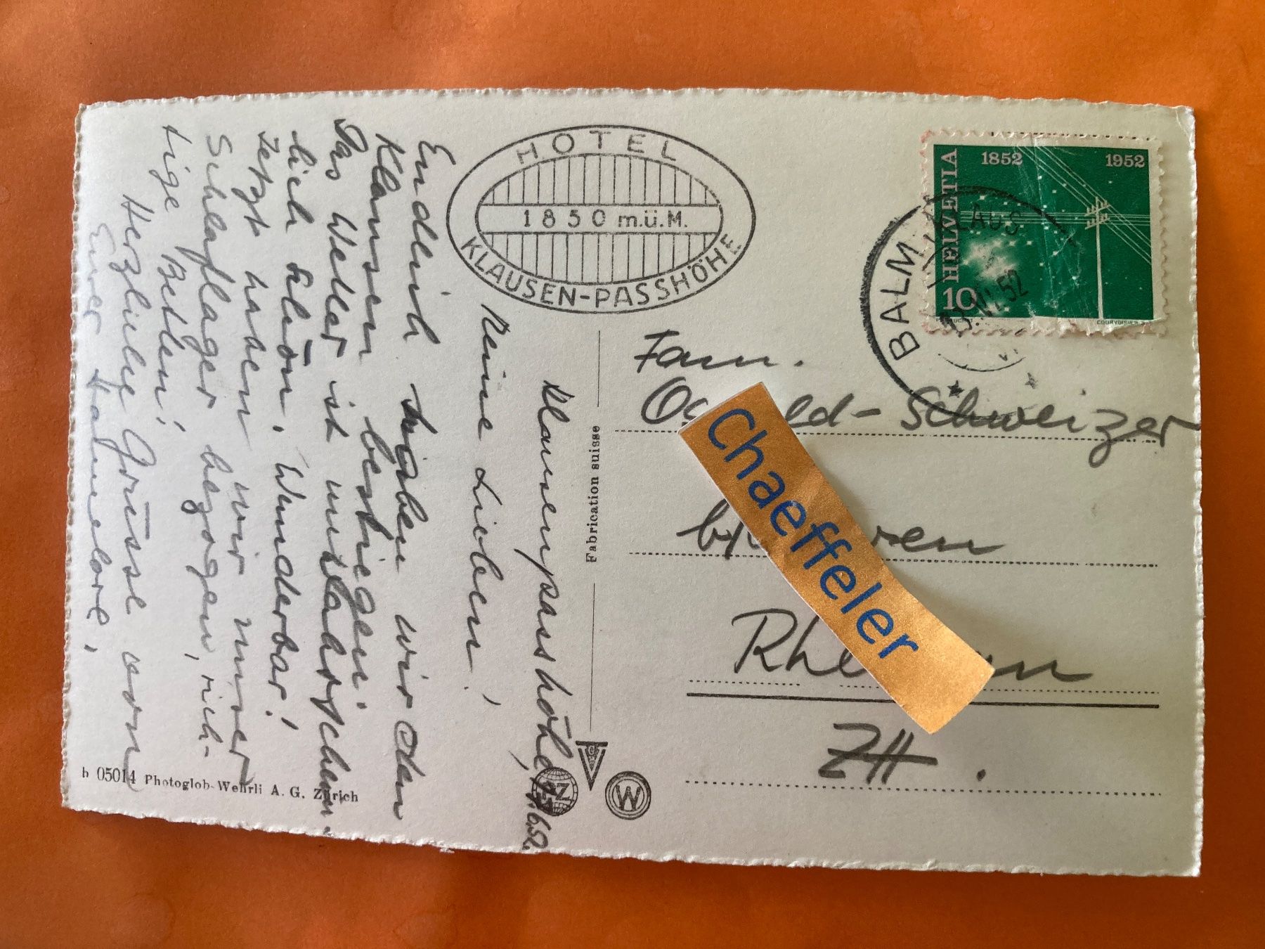 Cartoline postali: 1952 Hotel Klausen-Passhöhe – Usato da Zürich venduto da Chaeffeler 1