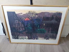 Grosse Lithographie Heinz Keller signiert mit Goldrahmen