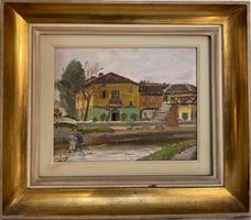 Dipinto olio su tavola, figure lungo il naviglio, Lietti