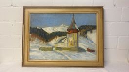 Winterliches Ölgemälde, Frauenkirche Davos mit Bergpanorama