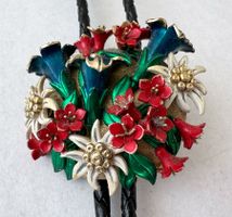 Bolo Tie Krawatte, 925 Silber, 3D Edelweiss Enzian Alpenrose
