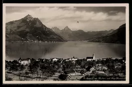 AK Beckenried, Ortsansicht u. See mit Mythen u. Rigi-Hochflu