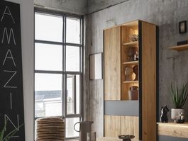 Vitrinenschrank BOSTON Wildeiche massiv 88 cm Glas schwarz
