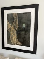 Framed Abstract Art Print Black Frame Gold Lines Dark