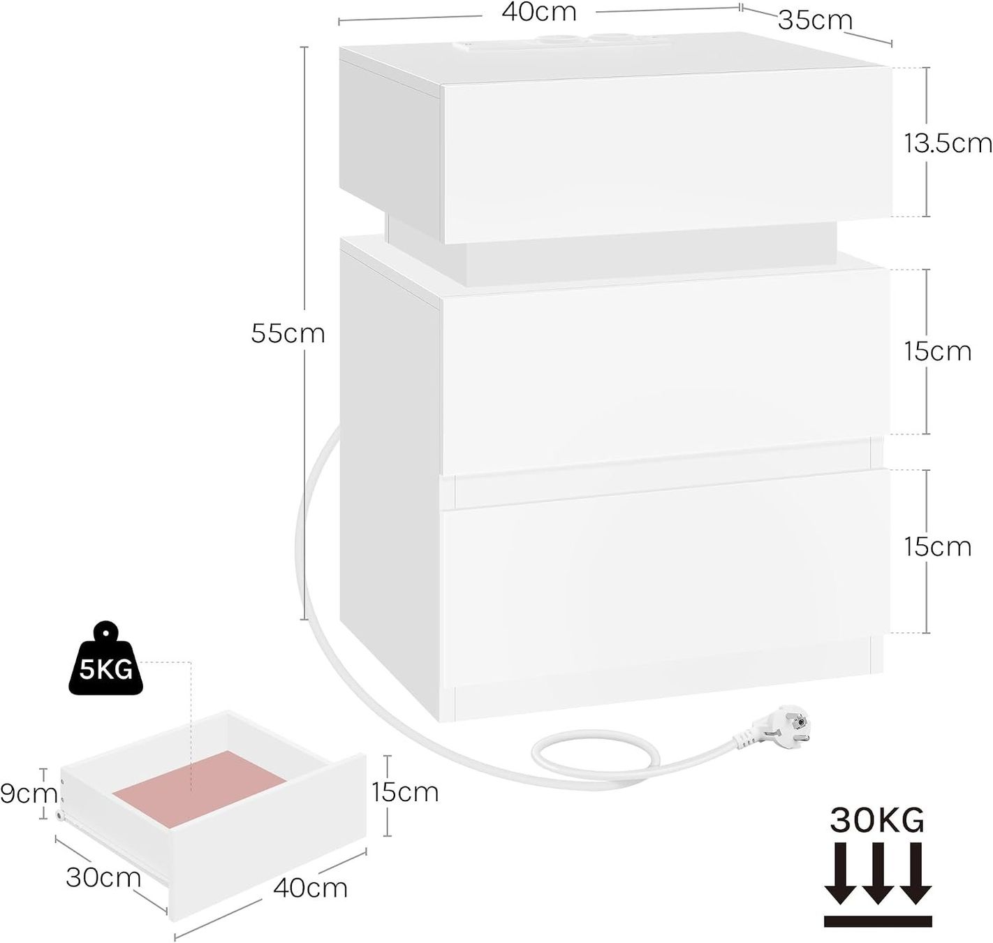 Nachttische: Nachttisch 2er-Set mit Steckdose und LED-Licht Weiss – Neu und originalverpackt aus Schaffhausen von Gipfelgut 2