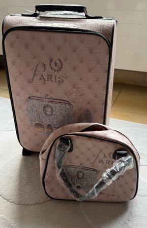 Reisetasche und Koffer Set, rosa mit Paris-Motiv