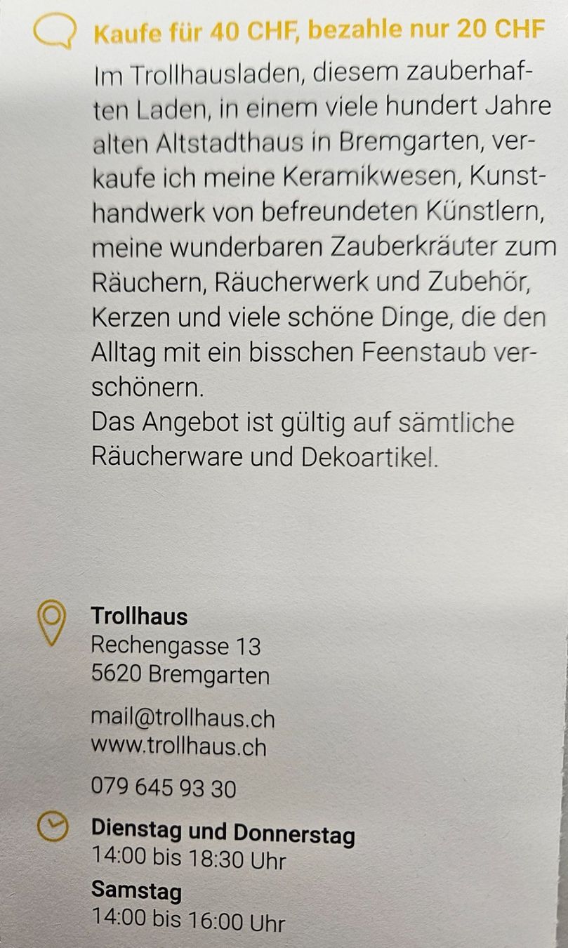Buoni: Trollhaus Bremgarten 20Fr. Gutschein – Nuovo e nell'imballaggio originale da Uezwil venduto da Jasmin_ 1