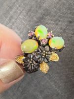 Ethiopian Opal Ring 925 Silver Gold Vermeil Floral size 57.5