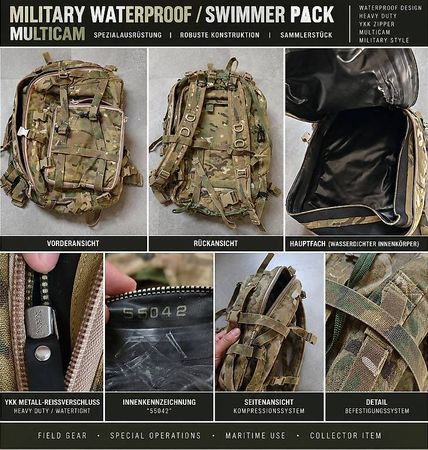 militärischer Waterproof-/Swimmer-Rucksack in MultiCam.