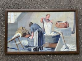 Einzigartiges altes Ölbild/Mischt. „ Waschfrauen“, anonym